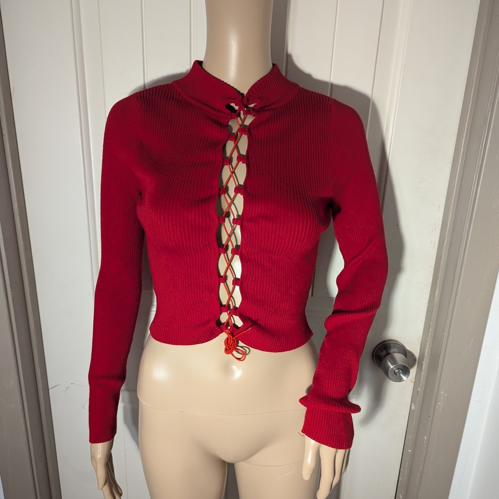 Red Ribbed Long Sleeve Top - Picture 2 of 9